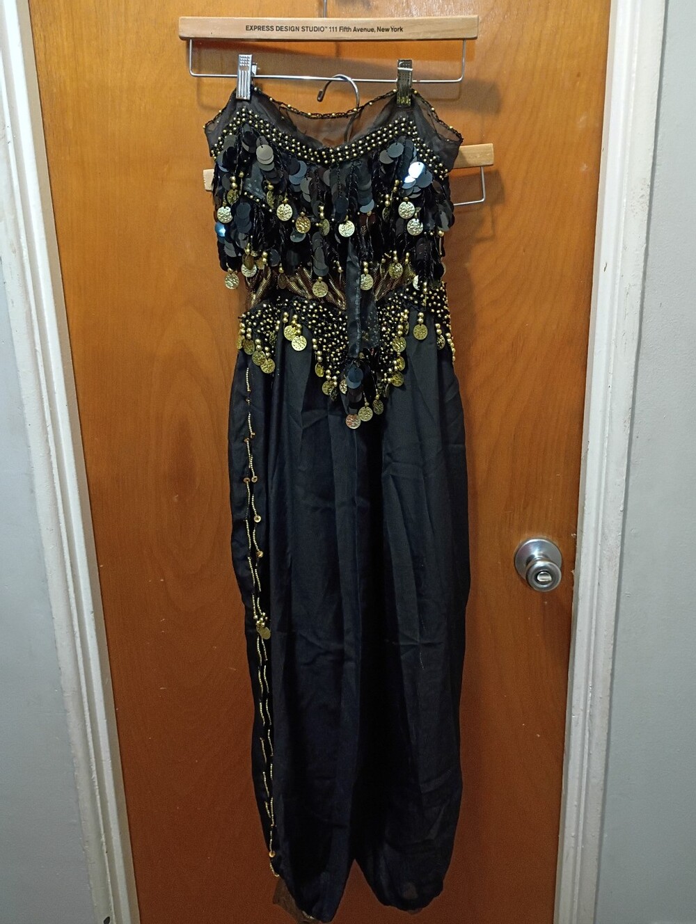 Black Belly Dancing Outfit With Gold Tone Coins And Chains